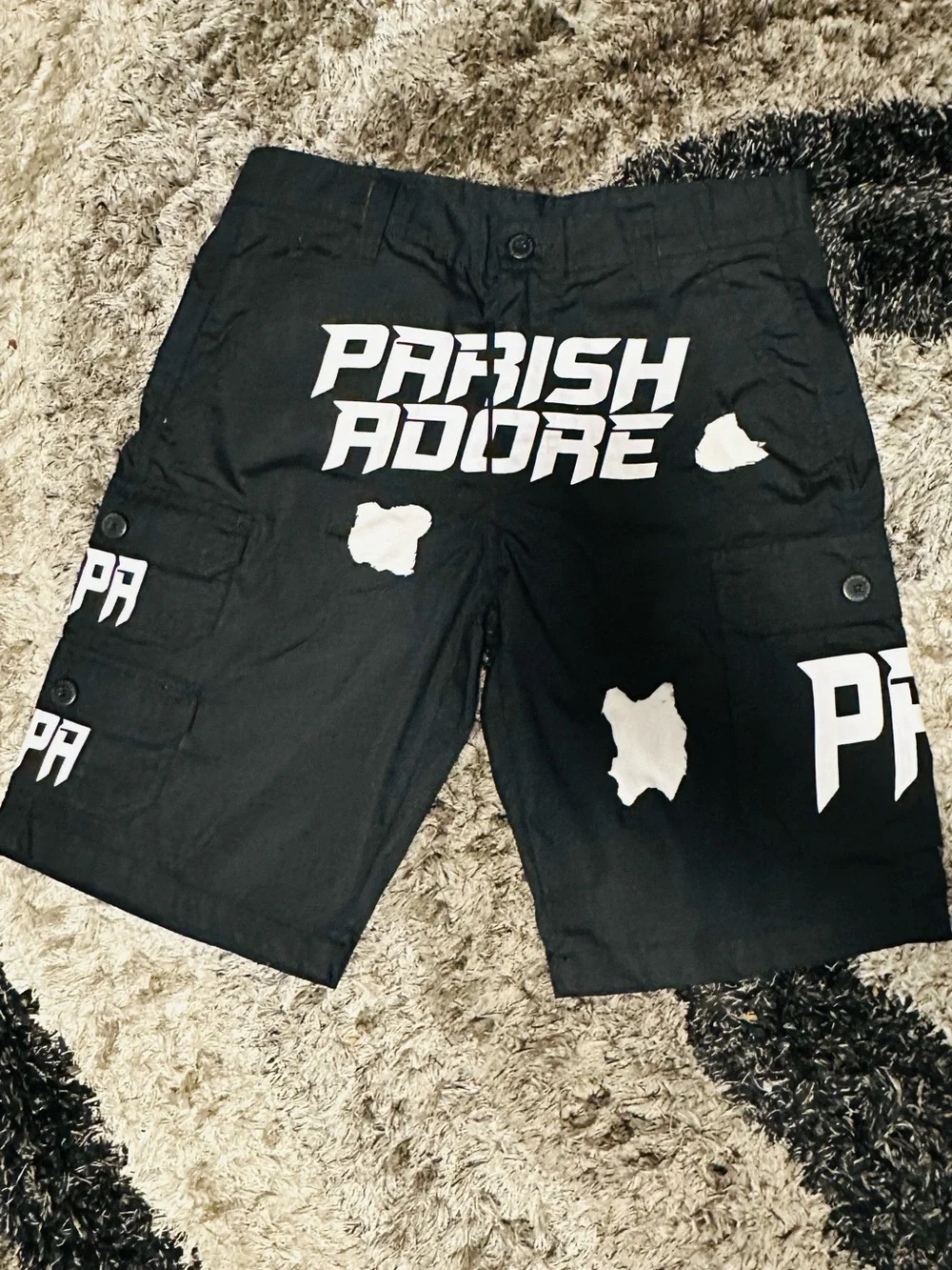 Parish Adore Black Graphic Cargo Shorts